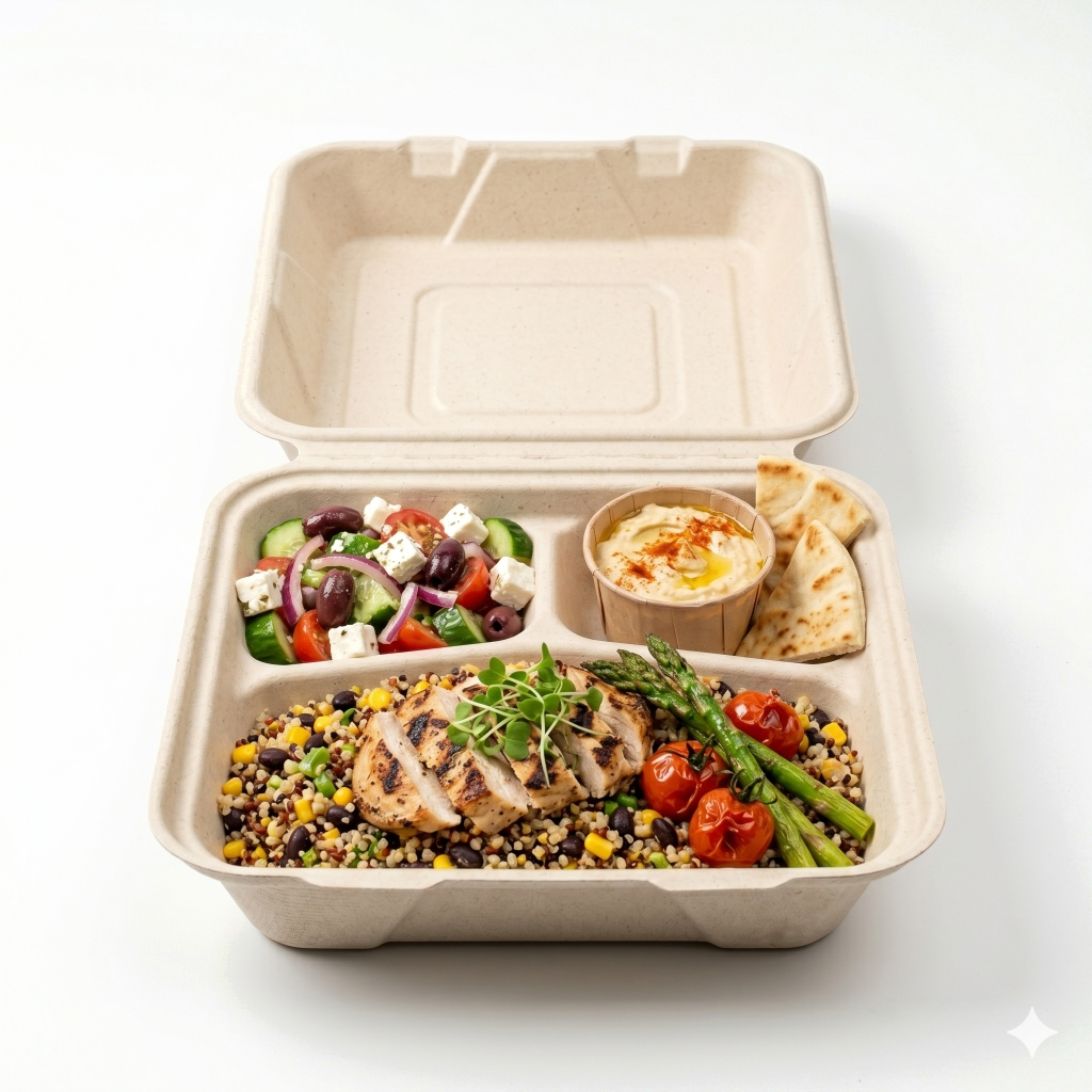 8" 3-Compartment Clamshell with food